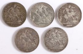 Victoria Crowns, to include 1887, 1888, 1890, 1896 and 1900, (5)