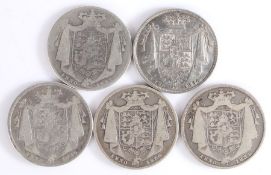 William IIII, a collection of five Halfcrowns, to include 1834 x 2, 1836 x, 1837 x 1, (5)