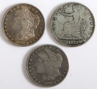 USA, two Morgan Dollars, 1878 and an 1873 Trade Dollar, (3)