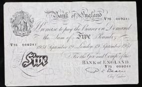Bank of England, White Five Pounds 1951, signed Beale, 19 September 1951