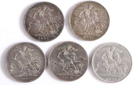 Victorian Crowns, to include 1887, 1893, 1895, 1894 and 1889, (5)