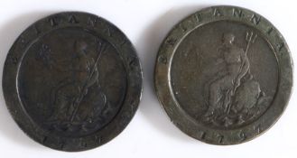 George III Two pence "Cartwheel" 1797, x 2, one stamped RW (2)