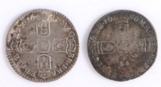 William III, two Sixpence coins 1696 and 1697, (2)