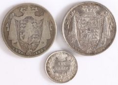William IV coins, to include two Halfcrowns 1835 and 1836 also with a Sixpence 1833, (3)