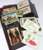 Postcards, two small albums + loose, ten WWI silks + comic (qty)