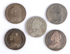 George II Sixpence pieces, 1741, 1757 x 2, 1758, the fifth example date rubbed, (5)