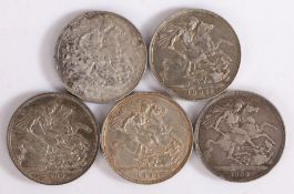 Victoria Crowns, to include 1887, 1888, 1891, 1892 and 1895, (5)