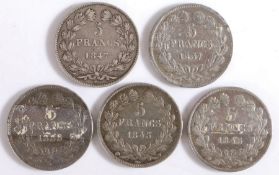 France, Louis Philippe I 5 Francs, 1835, 1837, 1845 x 2 and 1847, (5)