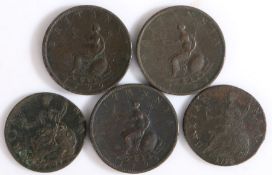 George III, to include two Halfpennies, 1773, 1775 and 1799, (5)