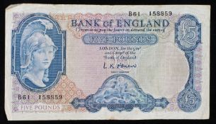 Bank of England - Lion & Key Series Five Pounds, c.1955-62, Signatory L K O Brien, serial number B61