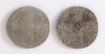 William III Sixpence, 1696 Bristol (S 3521) and 1697 (S 3528) (2)
