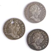 George III Threepence pieces, 1762 x 3, one drilled, (3)