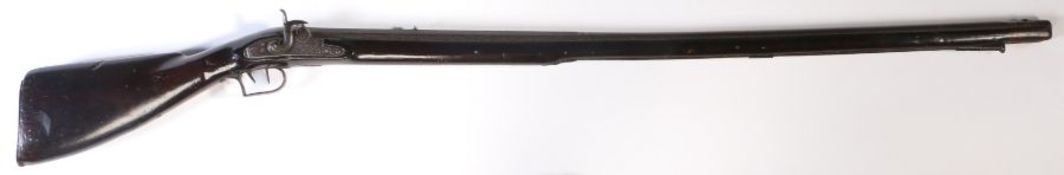 19th century long barrelled percussion musket, rear 'V' sight with low blade at the front, walnut