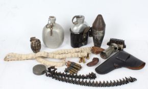 Mixed lot of militaria, inert small calibre ammunition, water bottle and mug, grenade casing, pistol