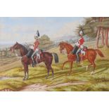 Watercolour, two troopers of the 1st (Royal) Dragoons in Mounted Guard Order with carbines, 38 cm