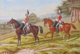 Watercolour, two troopers of the 1st (Royal) Dragoons in Mounted Guard Order with carbines, 38 cm