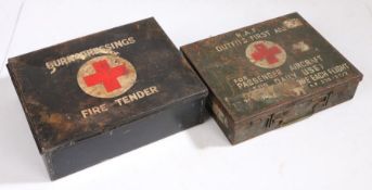 Two, believed Second World War period First Aid tins, the first marked 'Burn Dressings, Fire Tender'