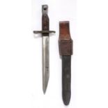 First World War Canadian Ross bayonet dated 10/15 to the pommel, held in leather scabbard with