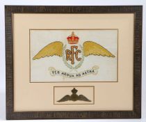First World War Royal Flying Corps Embroidery, wings with motto 'Per Ardua Ad Astra', together
