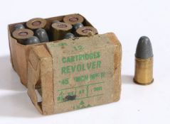 Second World War British issue .45 Mk II revolver rounds, brass cases with lead bullets, held in