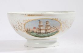 19th century Royal Navy Officers Elsinore bowl, painted with a vessel in sail, old label to the base