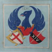 Second World War SEAC (South East Asia Command) Scarf, set in a frame with annotation to back