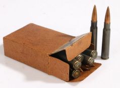 Box of fifteen Second World War German 7.92mm machine gun rounds, steel cases, base of cases dated