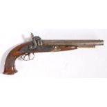 19th century double barrel percussion pistol by W Adams, lock signed and scroll engraved, brass