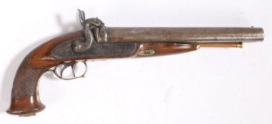 19th century double barrel percussion pistol by W Adams, lock signed and scroll engraved, brass