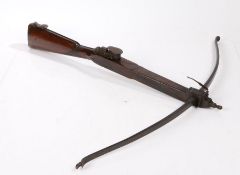 18th Century English Stonebow, curved steel bow, walnut stock with chequered wrist, bowstring