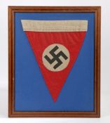 German Third Reich Swastika pennant, framed, appears to be multi piece construction, 31 cm x 30 cm