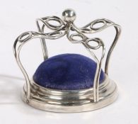 Edward VII silver hatpin stand, Birmingham 1904, maker W.A, of crown form with blue velvet
