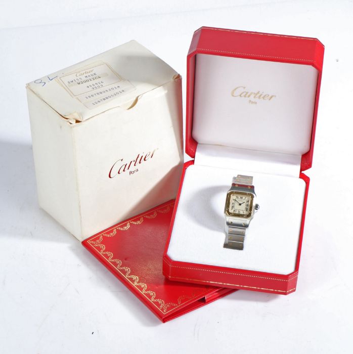 Cartier Santos ladies gold and stainless steel wristwatch, the signed white dial with Roman numerals