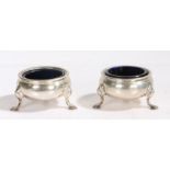 Pair of George II silver salts, London 1745, makers marks rubbed, of cauldron form with gadrooned