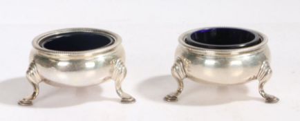Pair of George II silver salts, London 1745, makers marks rubbed, of cauldron form with gadrooned