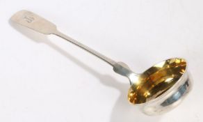 A 19th Century German silver ladle, maker TH Muller, the fiddle pattern handle initialled T, with