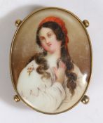 A porcelain brooch, the panel depicting a young lady, 41mm wide, 52mm high