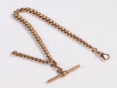 9 carat gold pocket watch chain, with links, T bar and clip, 44 grams, 35cm long