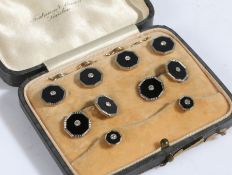 9 and 18 carat gold cufflink, button and stud set, all of octagonal form with black enamel and