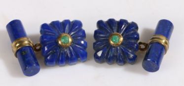 Pair of Lapis Lazuli and emerald cuff-links, with a floral carved head set with a central round
