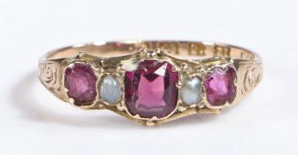 Victorian 12 carat gold ruby and pearl ring the head set with three emerald cut rubies set with