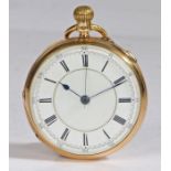 18 carat gold chronograph open face pocket watch, the signed white enamel dial with Roman numerals