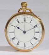 18 carat gold chronograph open face pocket watch, the signed white enamel dial with Roman numerals