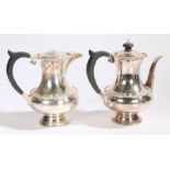 Elizabeth II silver coffee pot and hot water jug, Sheffield 1983, maker Walker & Hall, with ebony