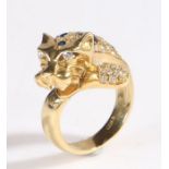 18 carat gold sapphire and diamond ring in the form of a jaguar/leopard after Cartier, ring size I