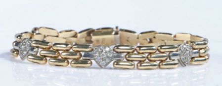 9 carat gold and diamond bracelet, the bracelet set with three hearts set with diamonds, stamped 9KT