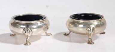 Pair of George II silver salts, London 1737, maker David Hennell I, of cauldron form, each raised on