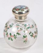 George V enamelled silver mounted and hand decorated perfume bottle, Birmingham 1919, maker John