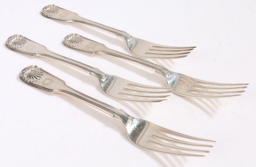 Four George IV silver table forks, London 1825, maker William Southey, the fiddle thread and shell