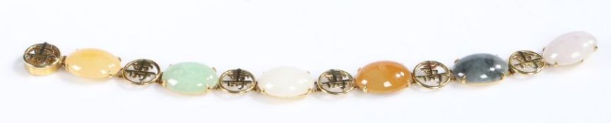 14 carat gold Chinese bracelet, the bracelet set with oval cabochon stones with intersecting